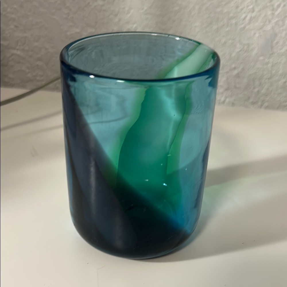 Hand Blown Art Glass Tumbler Cup – Blue and Green Swirl – Heavy Glass – 4" Tall